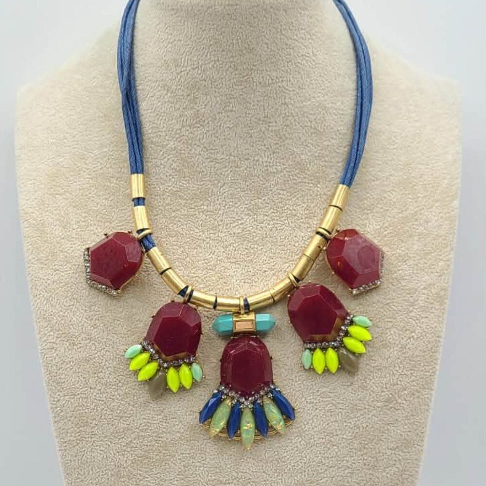 J Crew Boho Burgundy Stone Necklace Blue Cord Brass Necklace